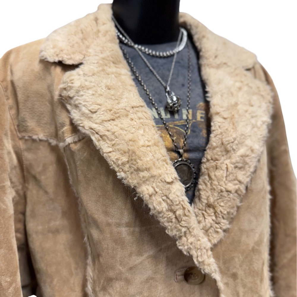 VINTAGE Penny lane meets Y2K Grunge 70's Leather faux Sherpa Fur Coat - XL Tan - Picture 4 of 9